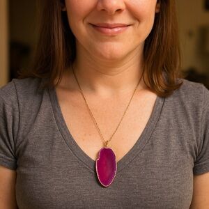 Elegant Large Pink Agate Pendant Necklace gold tone chunky